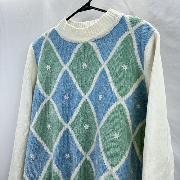 Alfred Dunner Sweater Medium Harlequin Argyle Blue Green Floral Holiday Soft - Picture 3 of 9